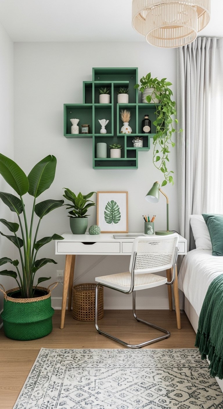 Bureau blanc avec une étagère murale verte de forme géométrique