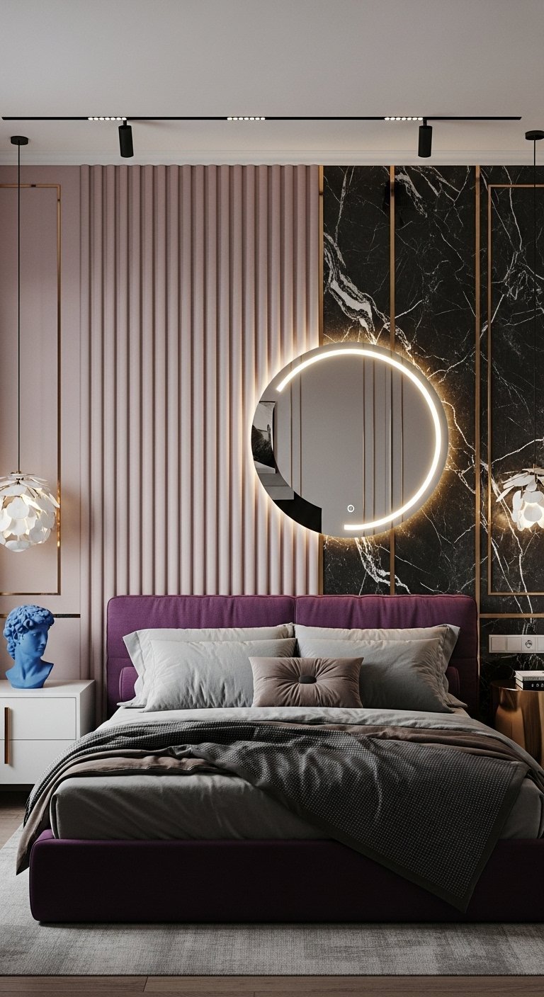 Chambre à coucher de luxe avec une tête de lit en panneaux roses, du marbre noir et un miroir LED.