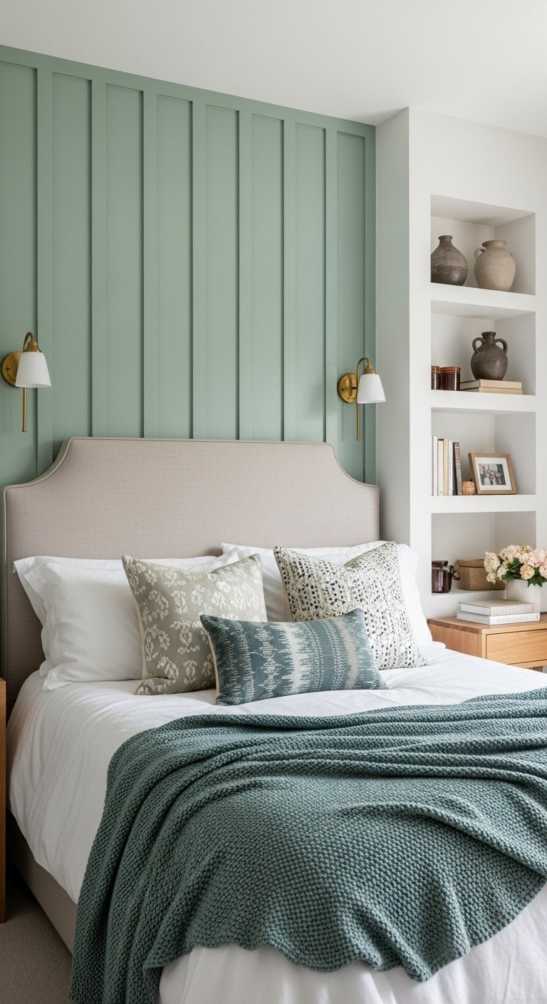 Chambre apaisante avec mur d accent vert d eau et niches décoratives blanches