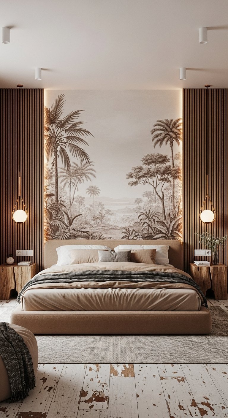 Chambre avec fresque murale tropicale derrière le lit