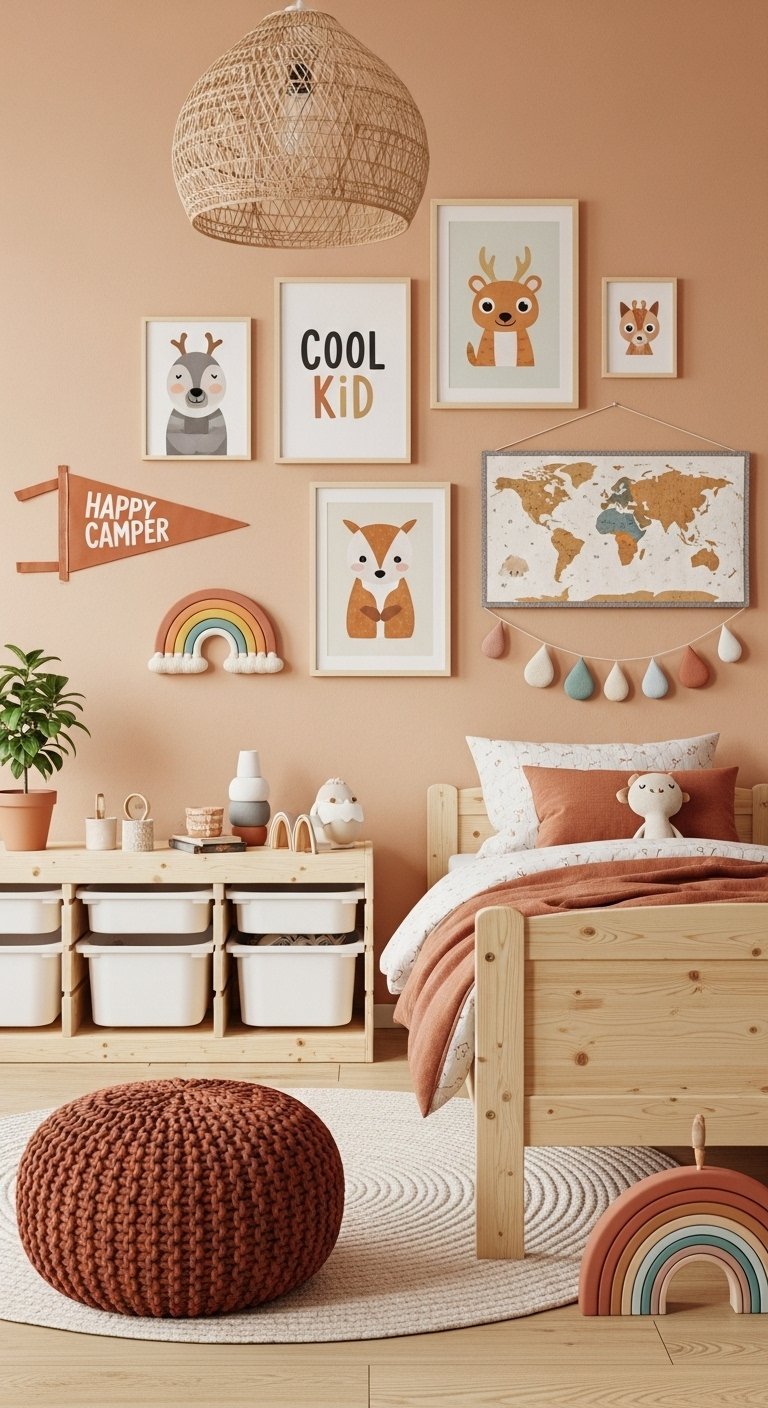 Chambre d ado de style scandinave avec des murs terracotta et des cadres d animaux