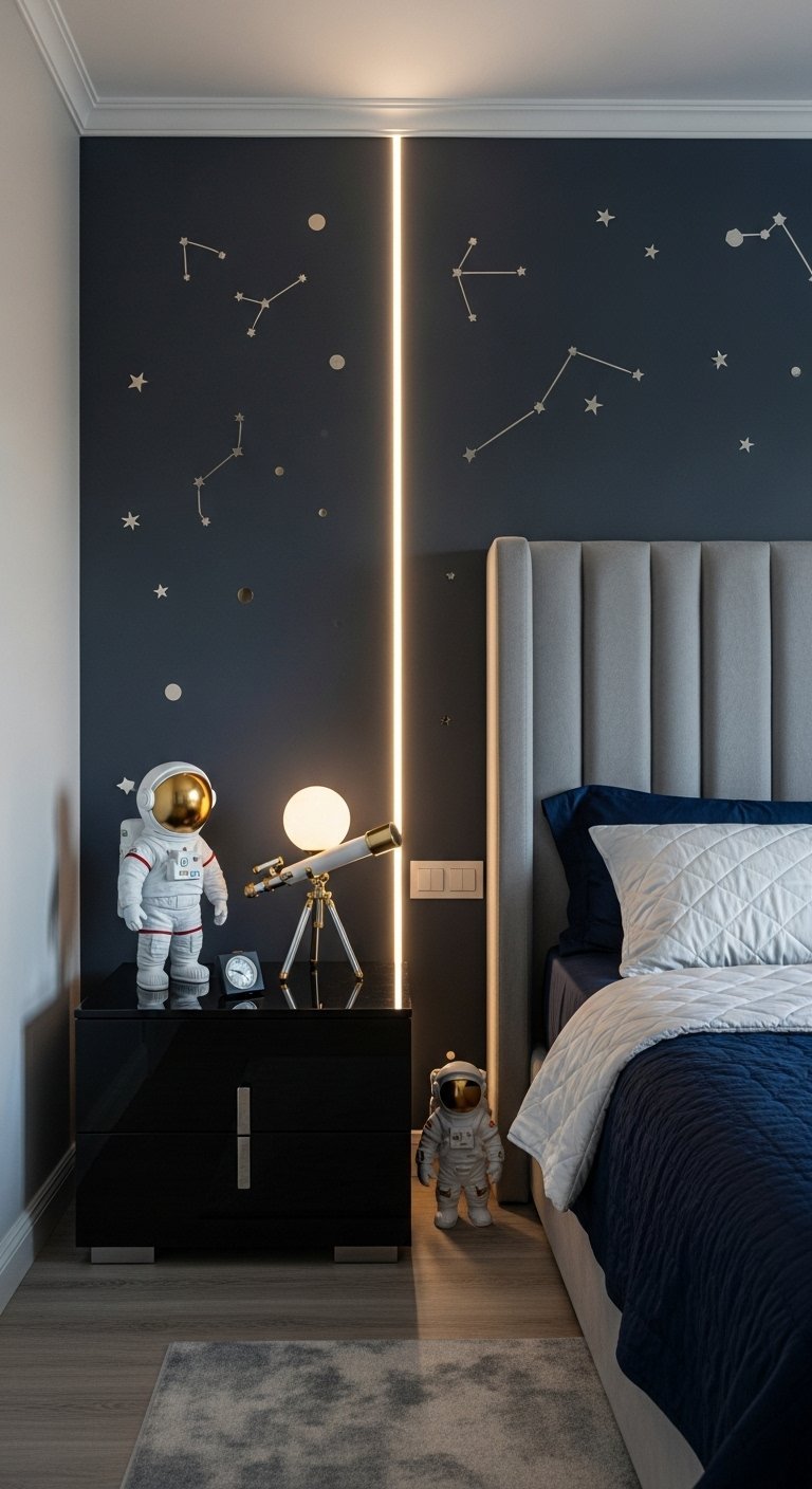 Chambre de garçon élégante sur le thème de l espace avec des figurines d astronautes