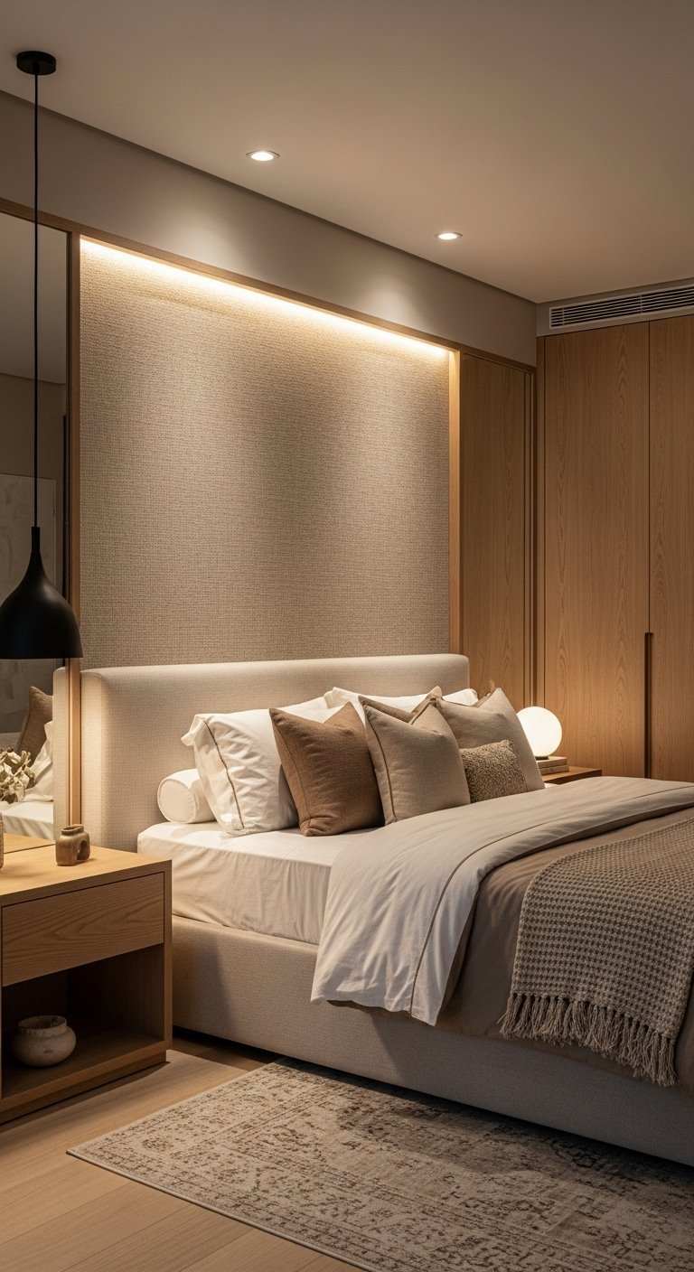 Chambre de style Japandi avec tête de lit en tissu et lambris en bois