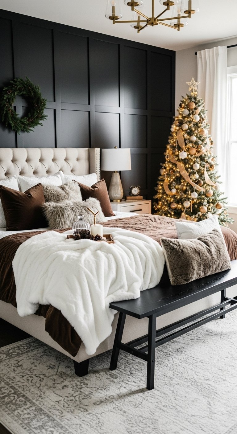 Chambre décorée pour Noël avec un sapin illuminé à côté du lit