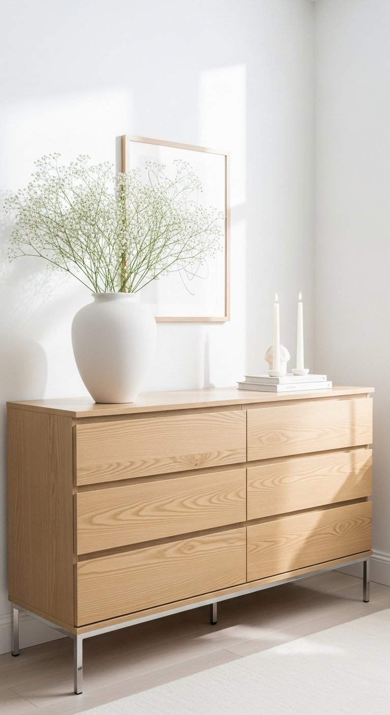 Commode minimaliste en bois clair avec six tiroirs et pieds en chrome