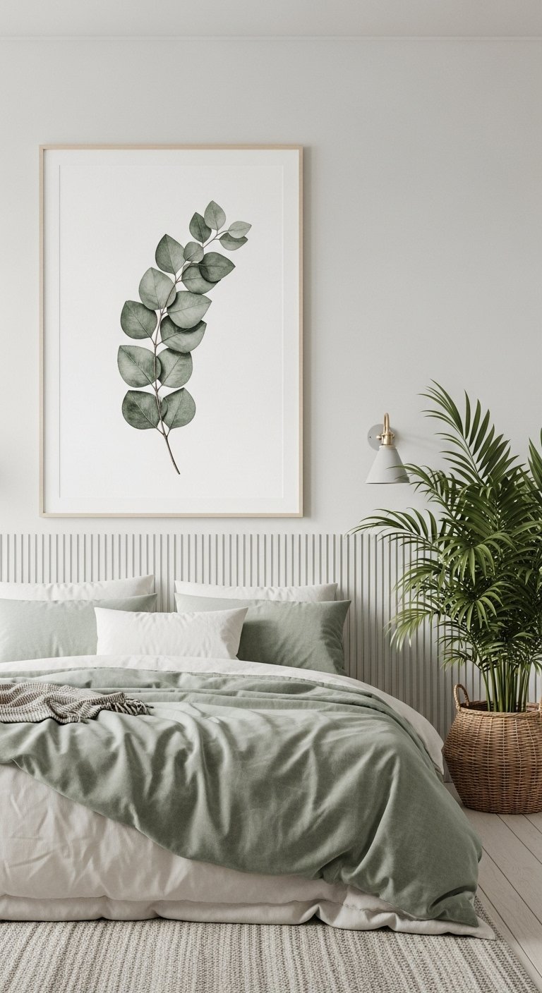 Décoration chambre femme minimaliste avec un grand tableau d eucalyptus et du linge de lit vert sauge