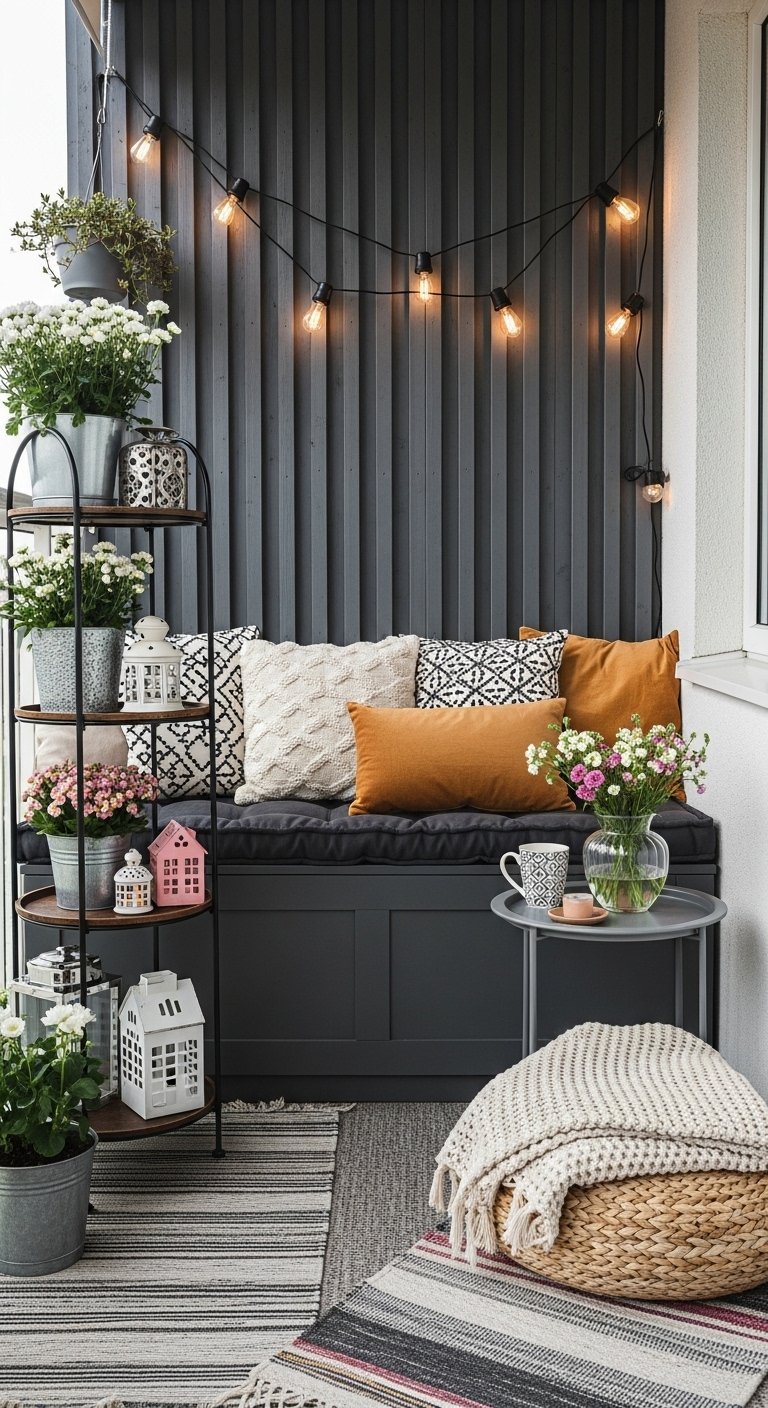 Decoration petit balcon moderne avec mur bardage noir et coussins ocre