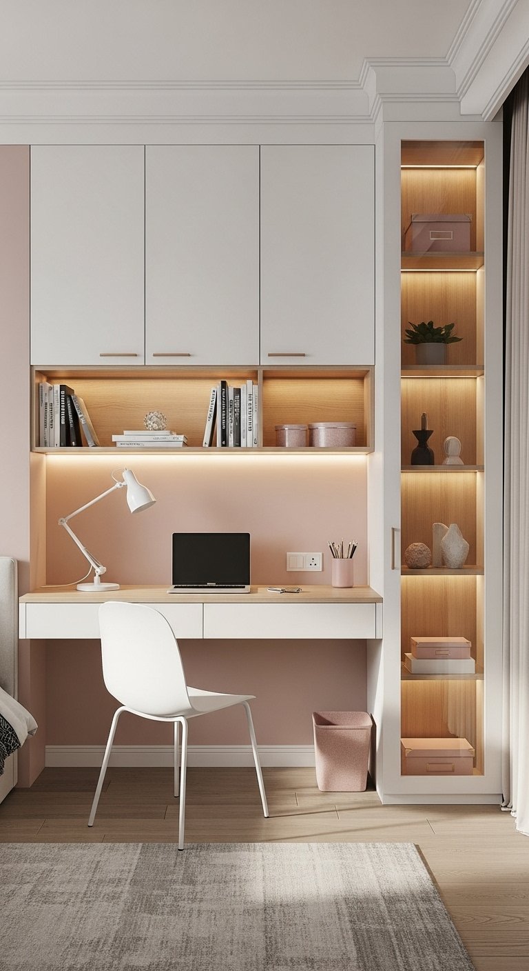 Espace de travail rose et blanc intégré dans un meuble mural sur mesure
