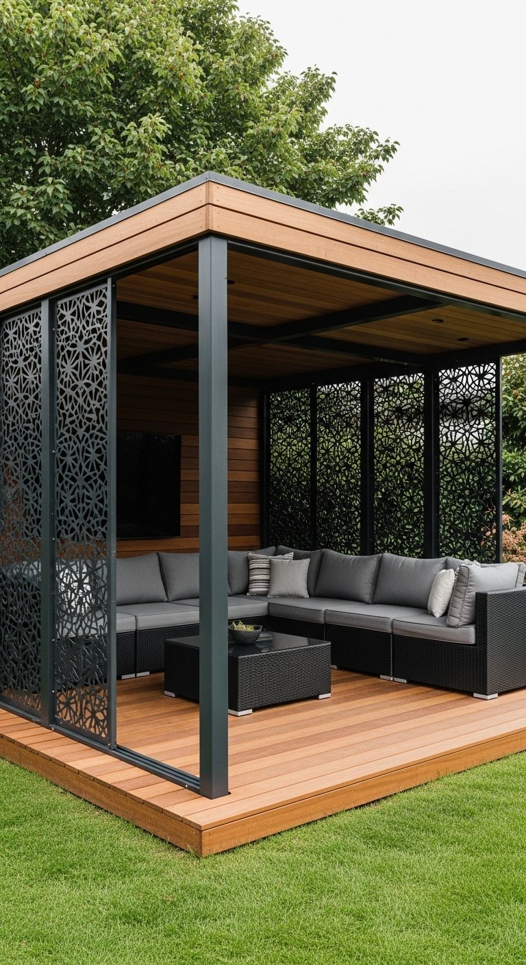 Grande pergola moderne avec panneaux décoratifs en métal et canapé d angle