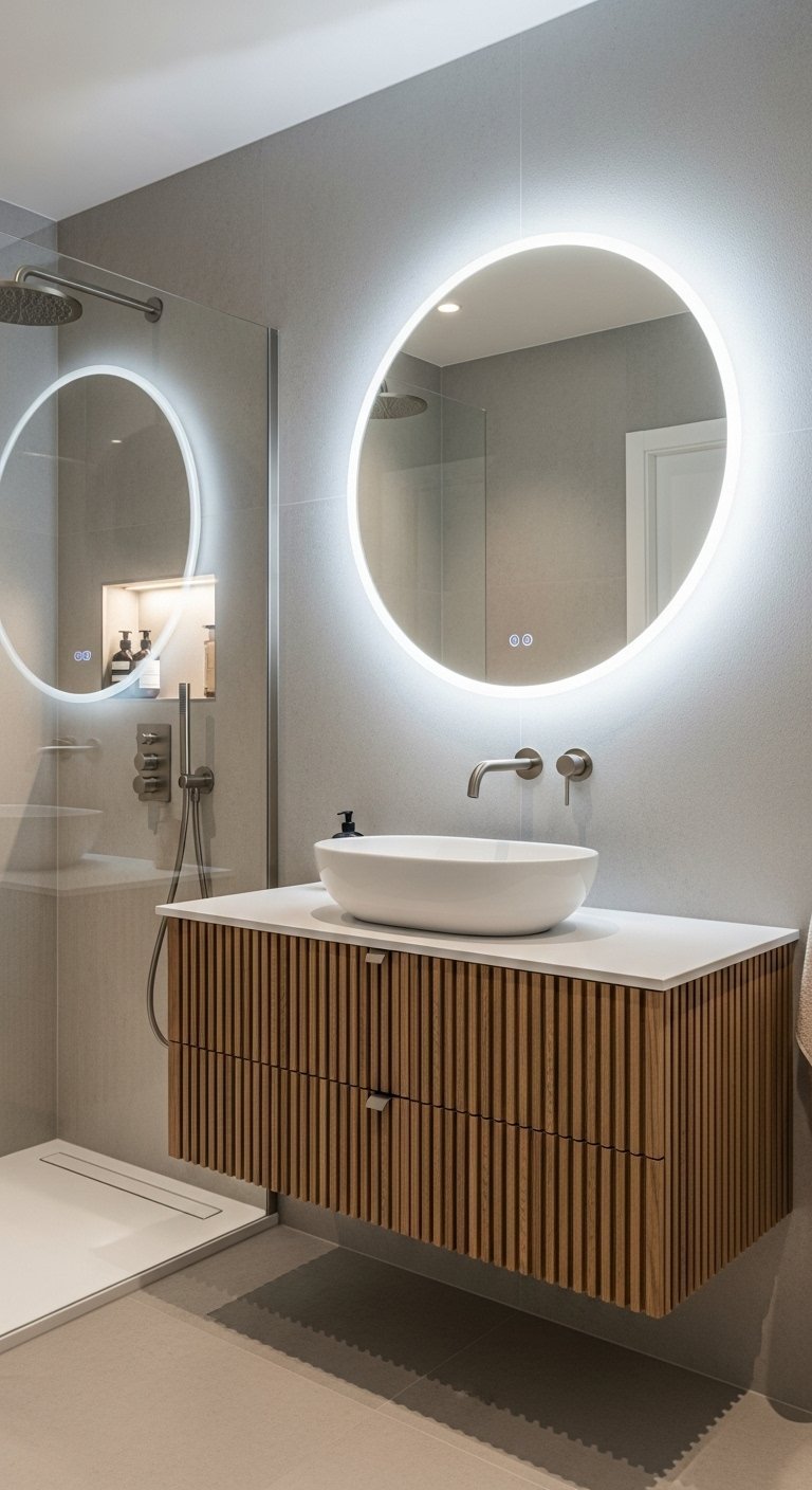 Meuble suspendu en bois cannelé avec vasque ronde et miroir LED