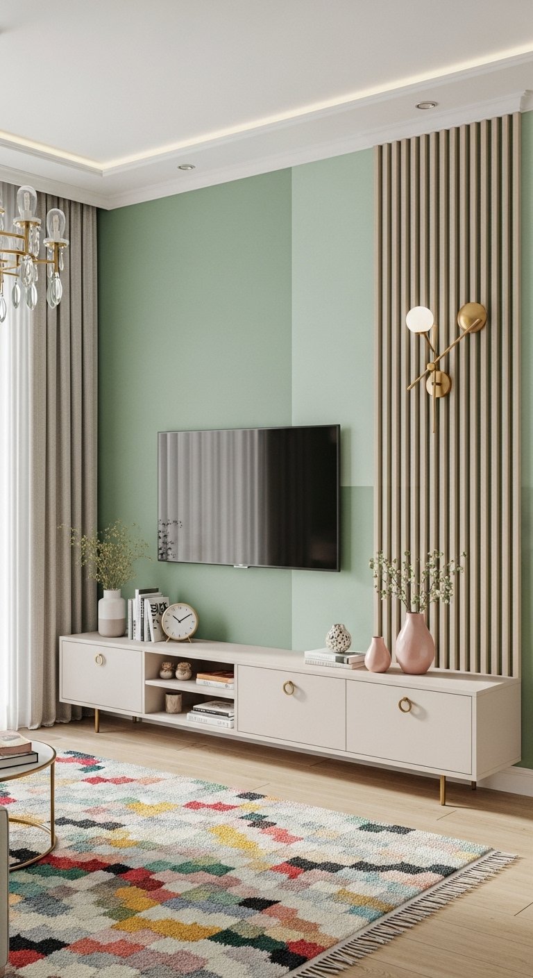 Mur TV avec peinture vert sauge et tasseaux de bois