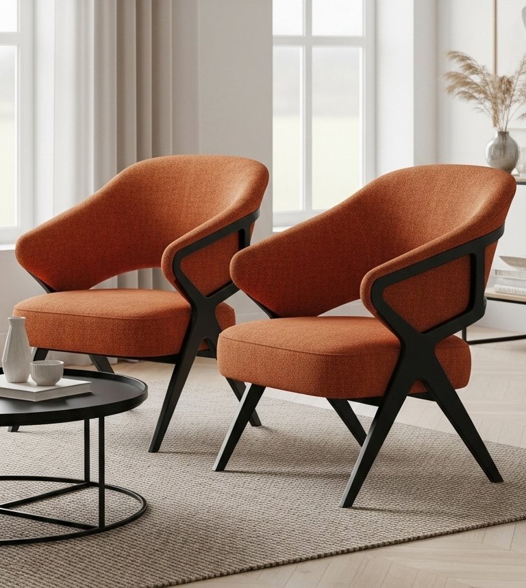 Paire de fauteuils design de couleur orange brûlé avec une structure sculpturale en bois noir