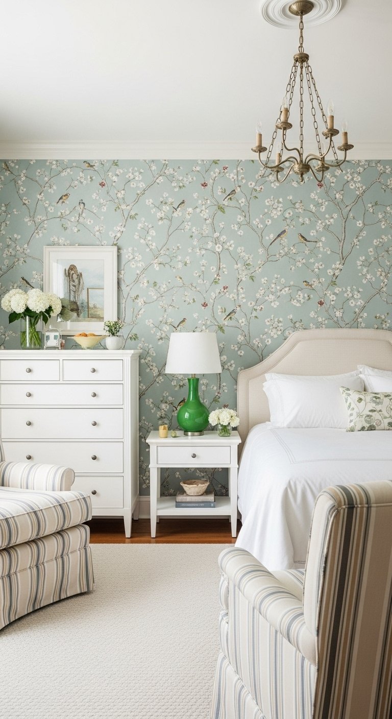 Papier peint floral bleu ciel avec oiseaux dans une chambre style cottage avec meubles blancs