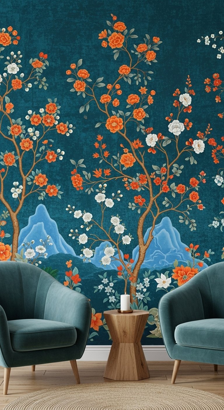 Papier peint panoramique style chinoiserie avec fleurs oranges sur fond bleu canard