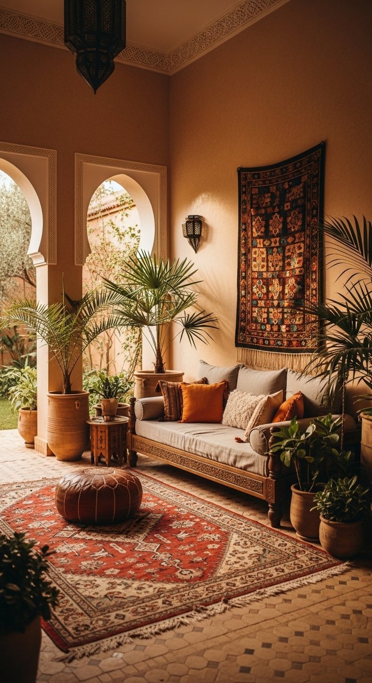 Patio marocain aménagé comme un salon avec tapis et pouf en cuir