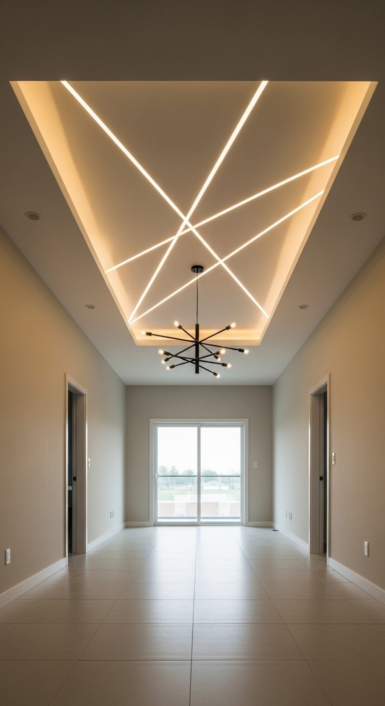 Plafond de couloir avec des lignes lumineuses LED entrecroisées de façon abstraite