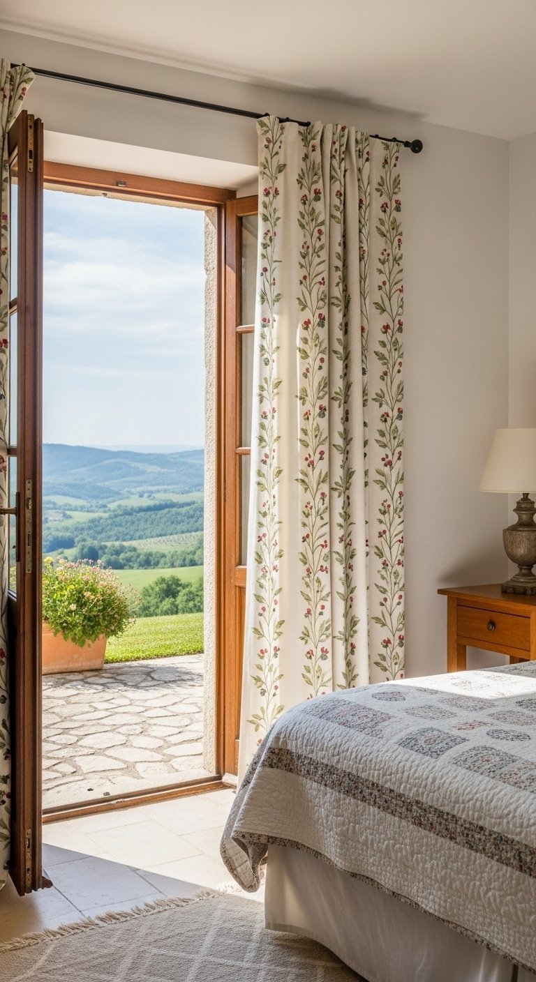Rideau a motif vegetal dans une chambre avec porte ouverte sur la campagne