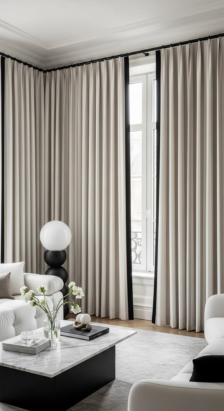Rideaux beiges avec une bordure latérale noire dans un salon moderne minimaliste