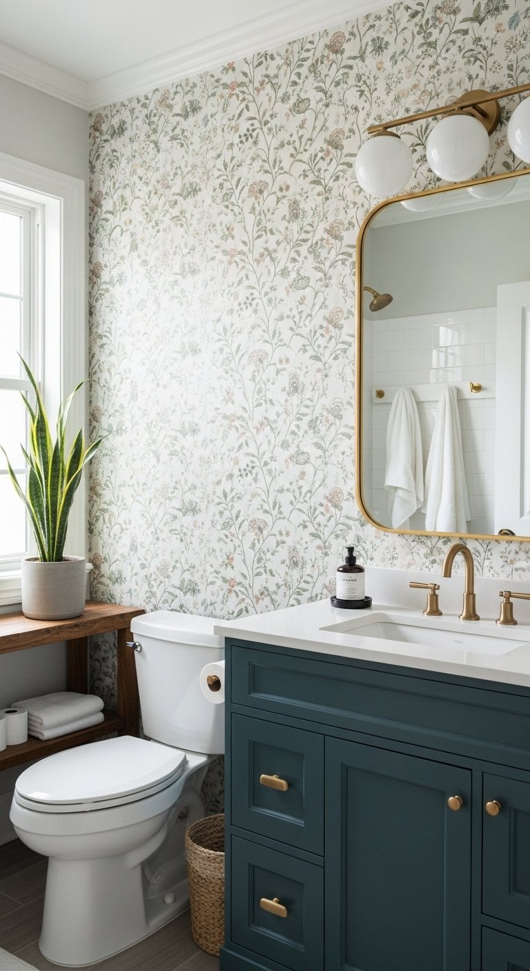 Salle de bain avec papier peint floral et meuble bleu fonce