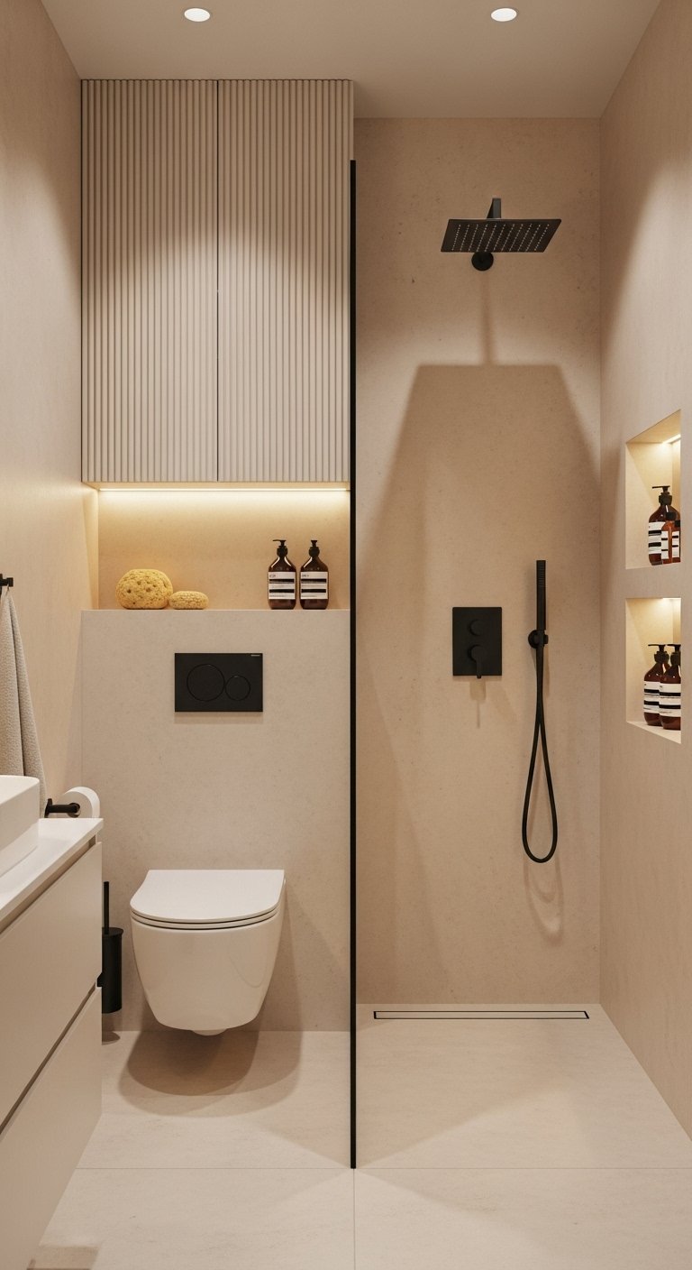 Salle de bain beige moderne avec douche italienne et niches éclairées