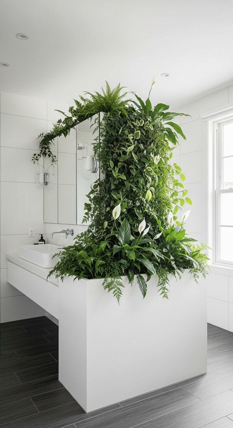 Salle de bain minimaliste blanche avec grande jardiniere centrale