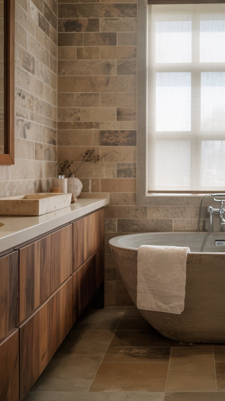 Salle de bains beige avec carrelage effet pierre meuble en bois et baignoire en pierre