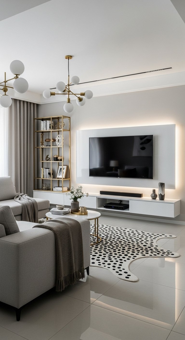 Salon contemporain gris et blanc avec meuble TV suspendu et eclaire