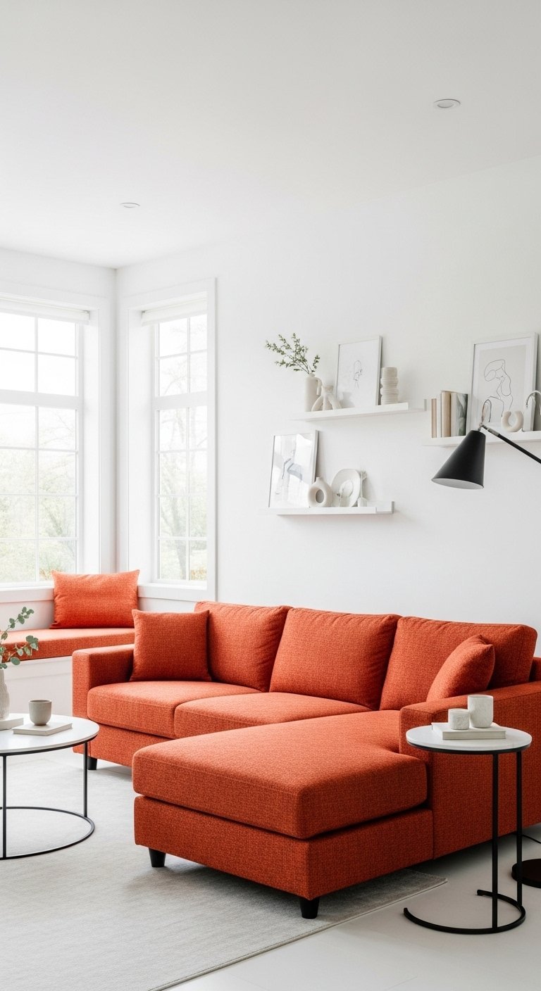 Salon lumineux avec murs blancs et grand canape dangle terracotta vif