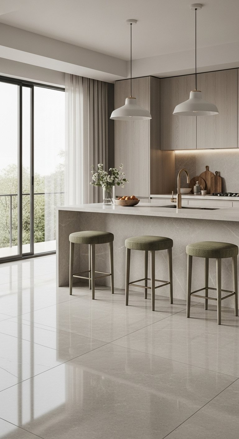 Sol de cuisine en carrelage gris clair effet pierre dans une cuisine moderne