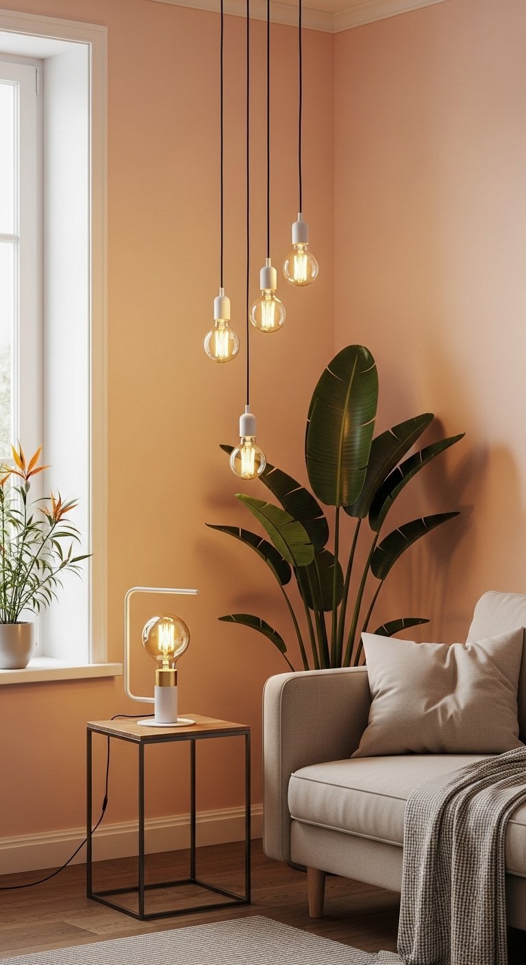 Suspensions d ampoules nues et lampe de table assortie dans un salon