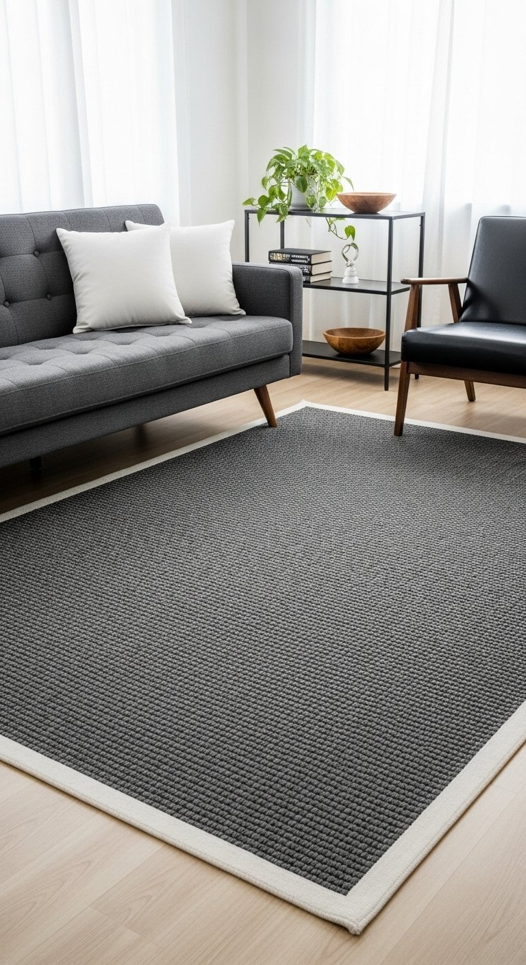 Tapis de salon gris foncé avec une bordure blanche dans un décor de style milieu du siècle