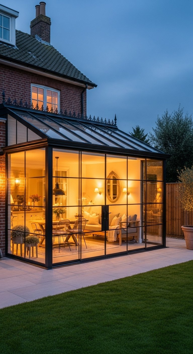 Véranda moderne éclairée la nuit comme une lanterne dans le jardin