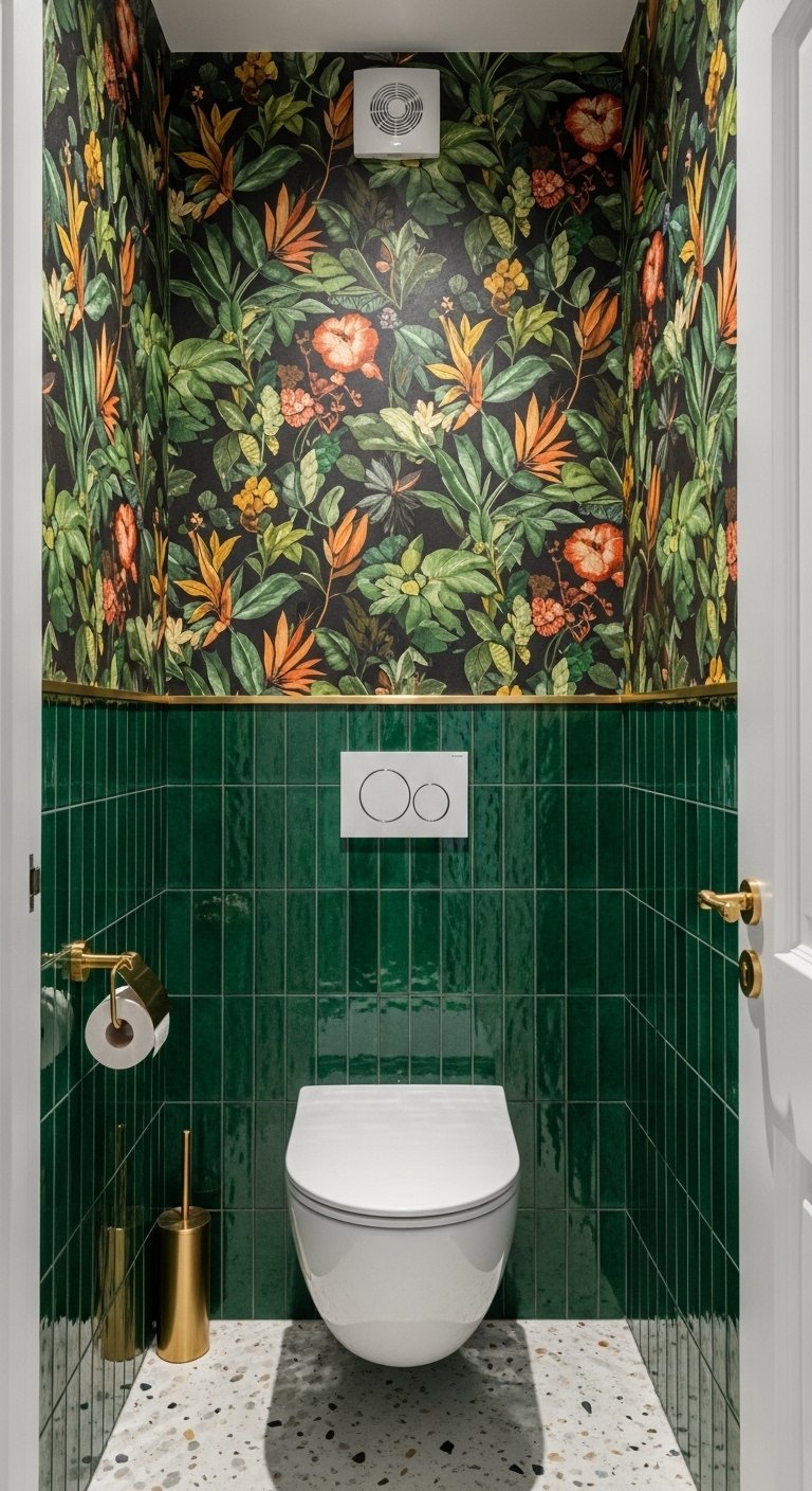 WC avec carrelage mural vert émeraude et papier peint tropical