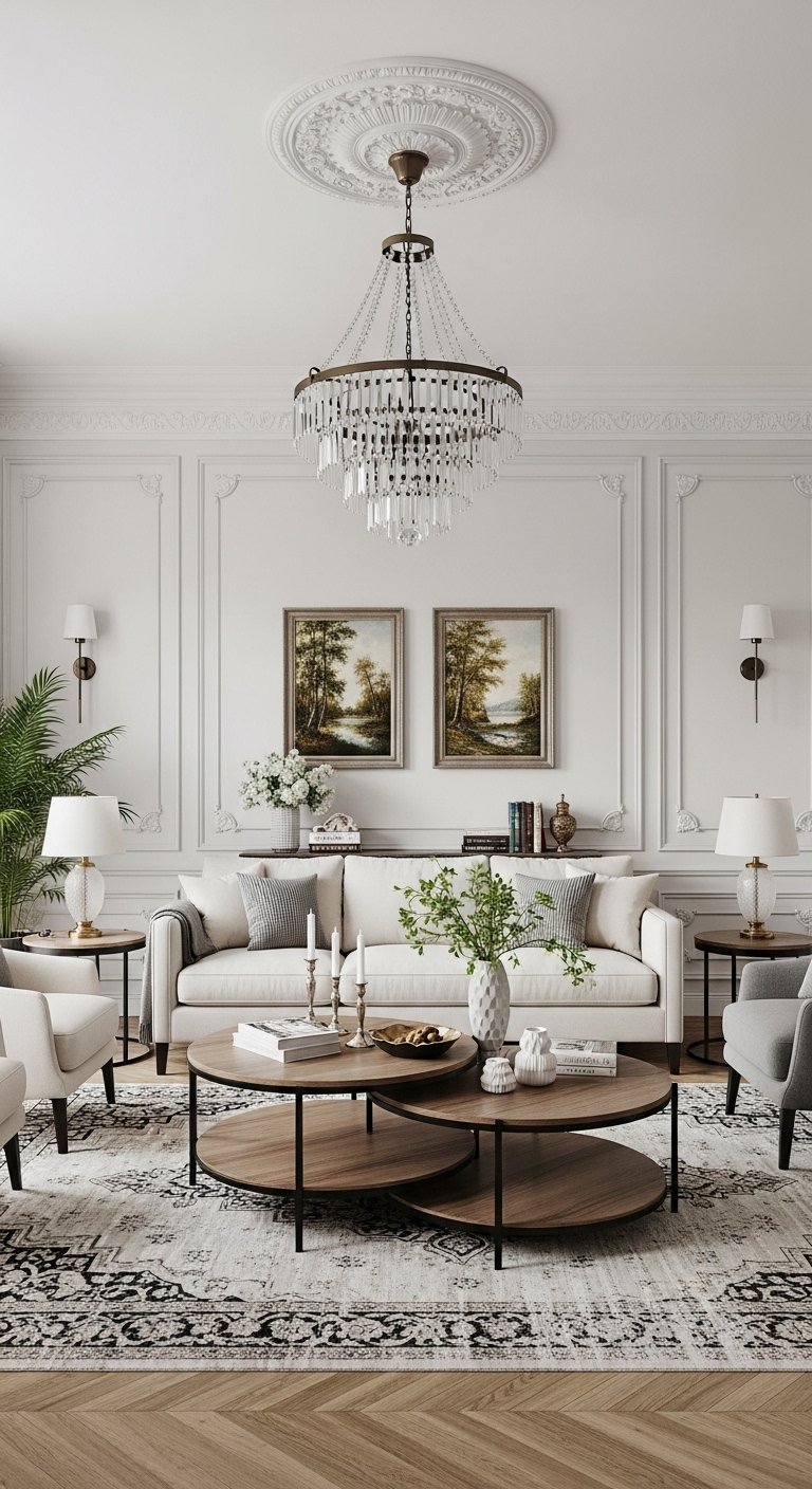 Canapé de couleur crème dans un salon néoclassique avec un lustre en cristal