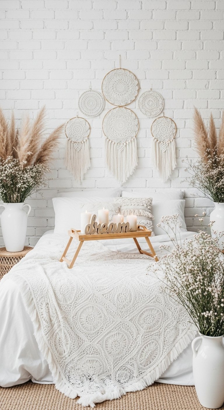 Chambre bohème blanche avec des attrape rêves au dessus du lit