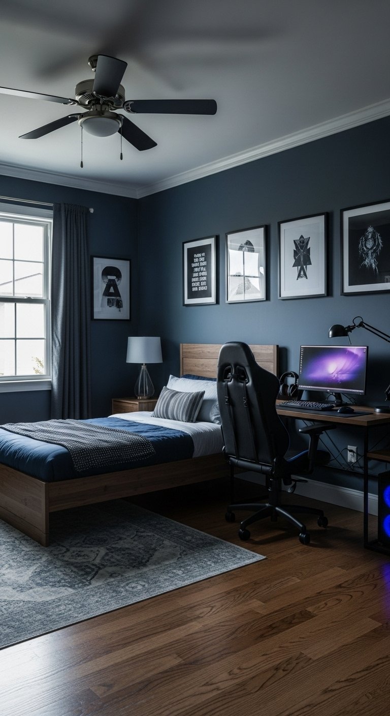 Chambre d adolescent avec des murs bleu foncé et un bureau d ordinateur