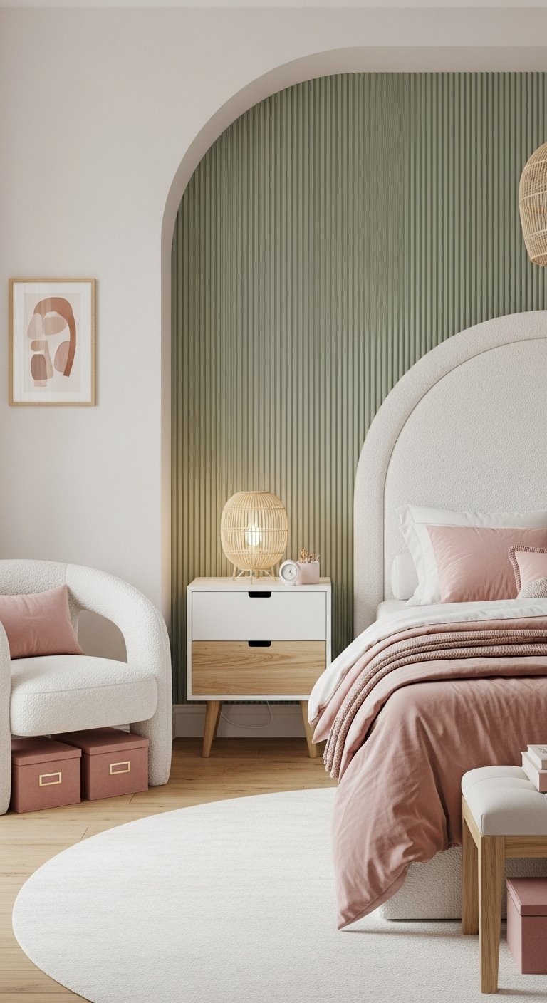 Chambre douce avec niche en arche et mur cannelé vert sauge