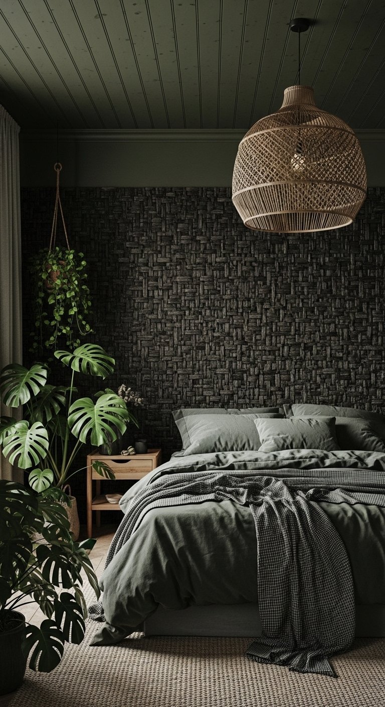 Chambre masculine avec mur texturé noir et plafond et draps vert foncé