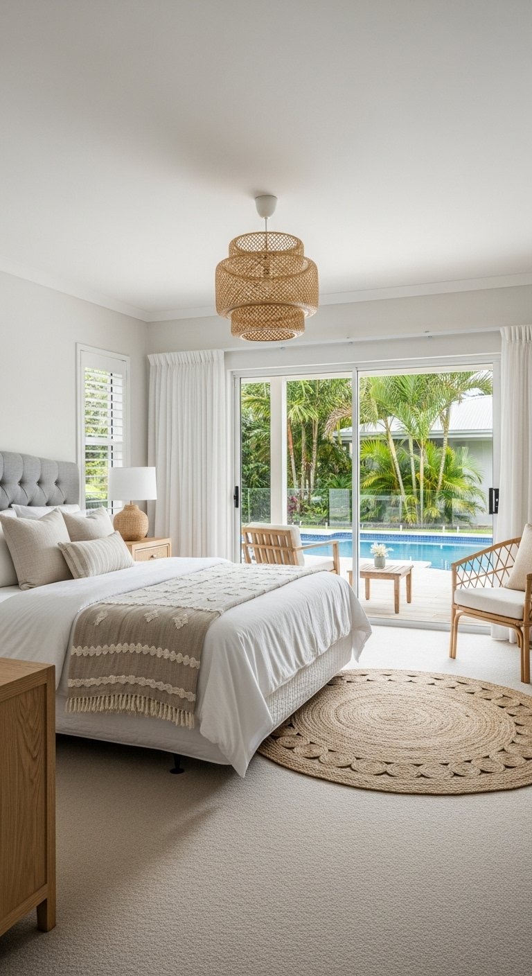 Chambre parentale avec baie vitrée donnant sur une piscine