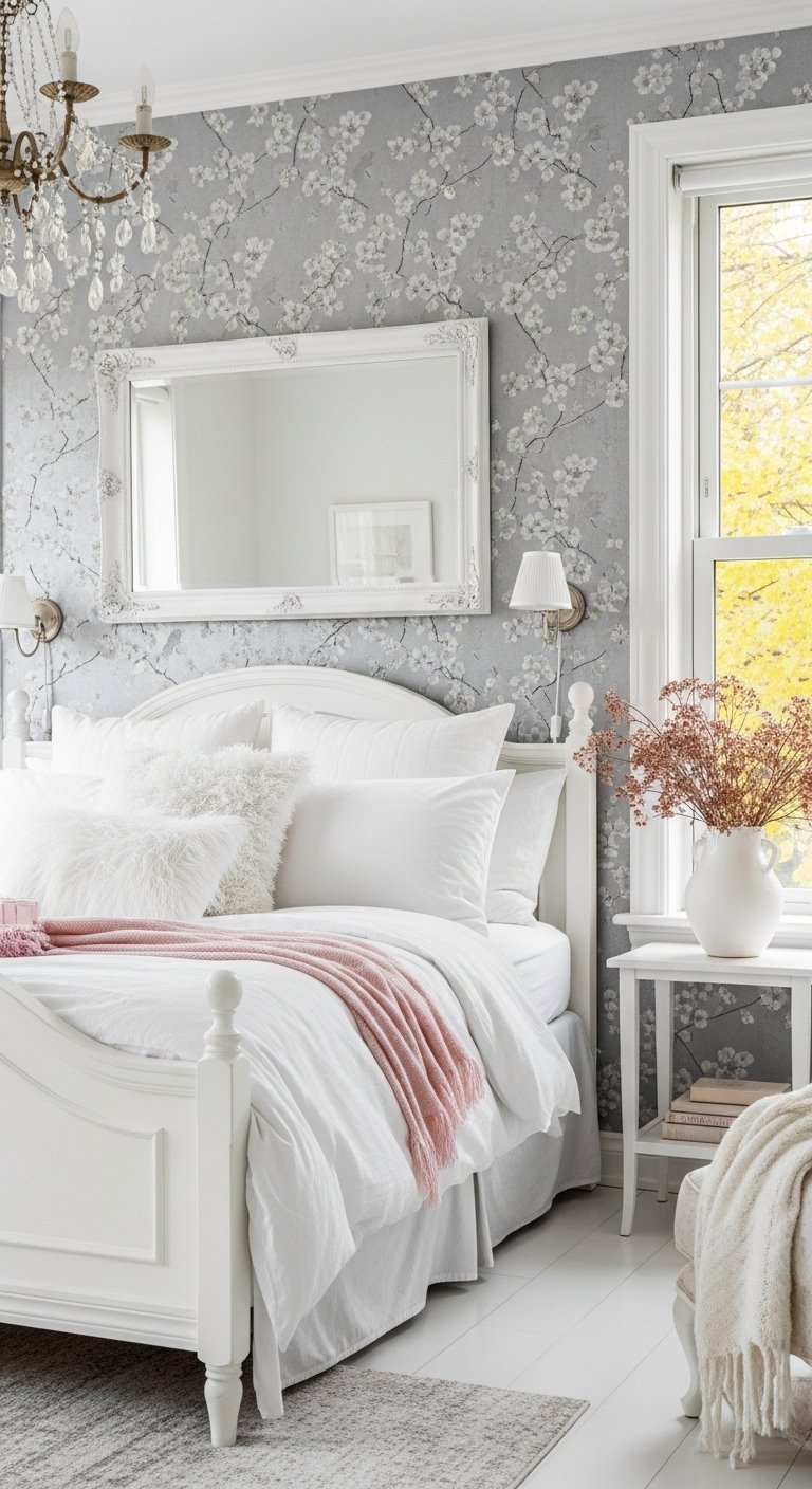 Chambre romantique avec papier peint à fleurs de cerisier et mobilier blanc