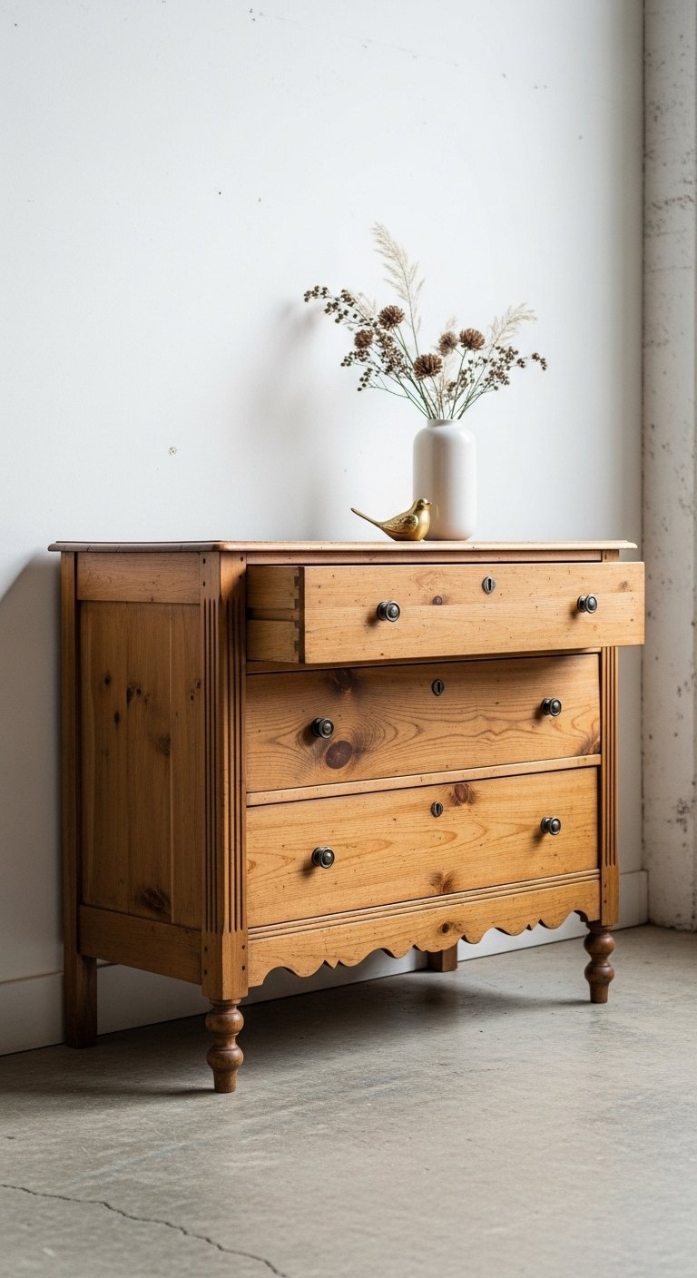 Commode ancienne de style rustique en bois de pin avec un tiroir ouvert