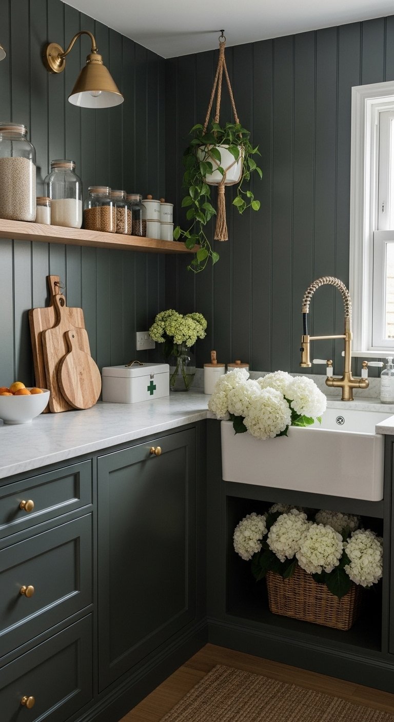 Cuisine de style ferme moderne avec des armoires vert foncé et un évier de ferme blanc.