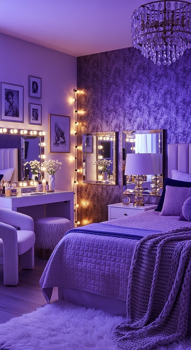 Décoration chambre femme glamour avec un éclairage d ambiance violet et une coiffeuse