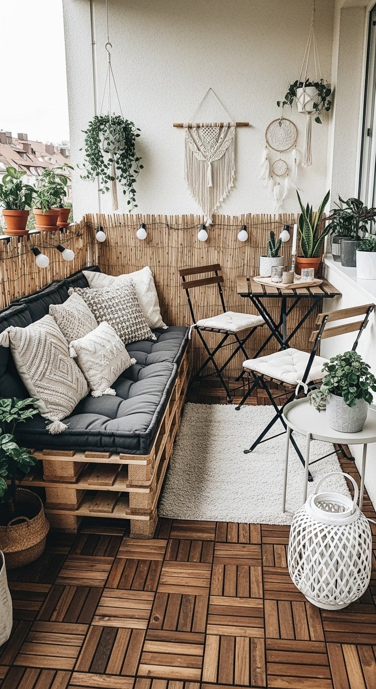Decoration petit balcon boheme avec canape en palettes et canisse en bambou