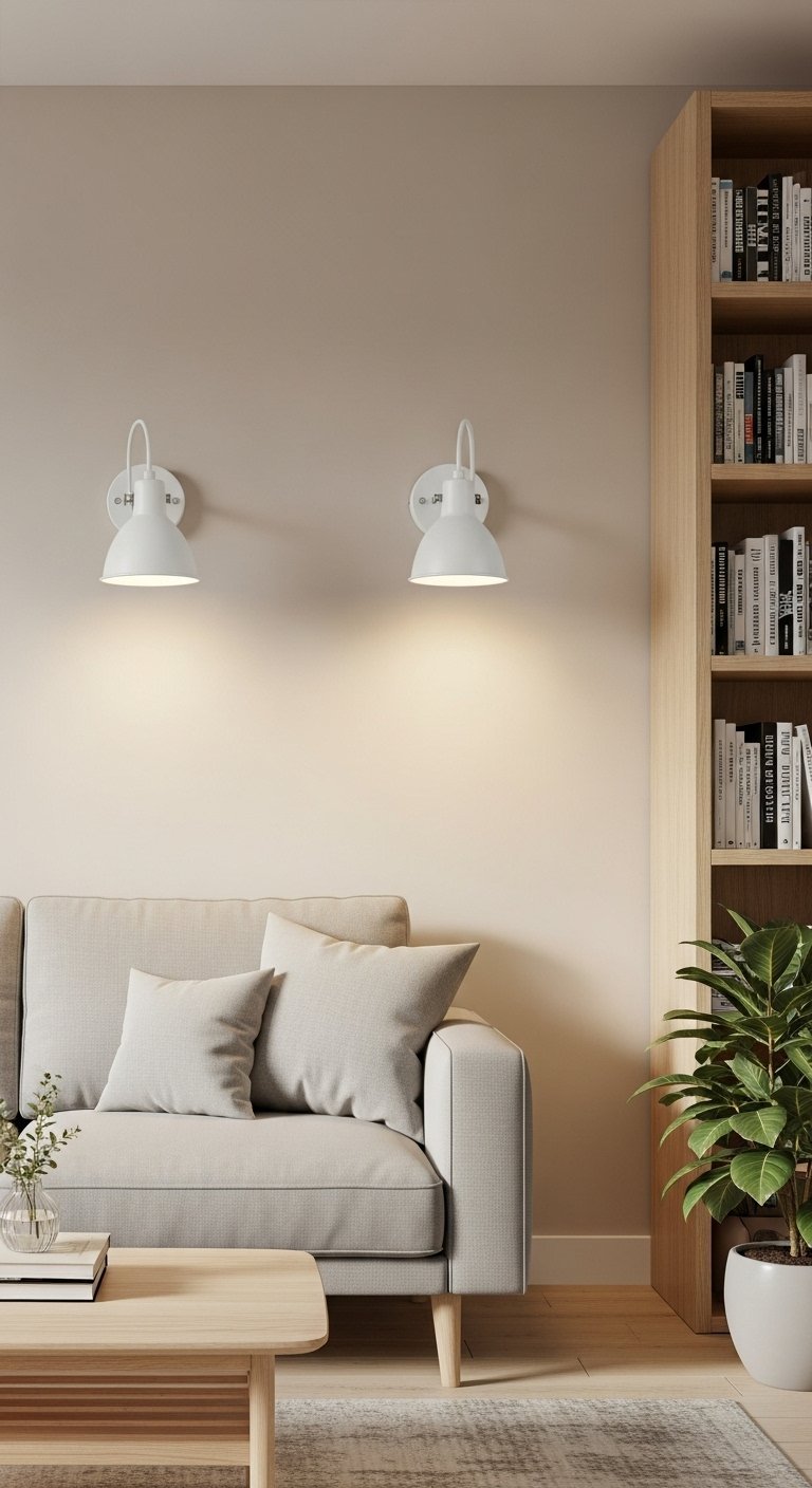 Deux appliques murales blanches minimalistes au dessus d un canapé