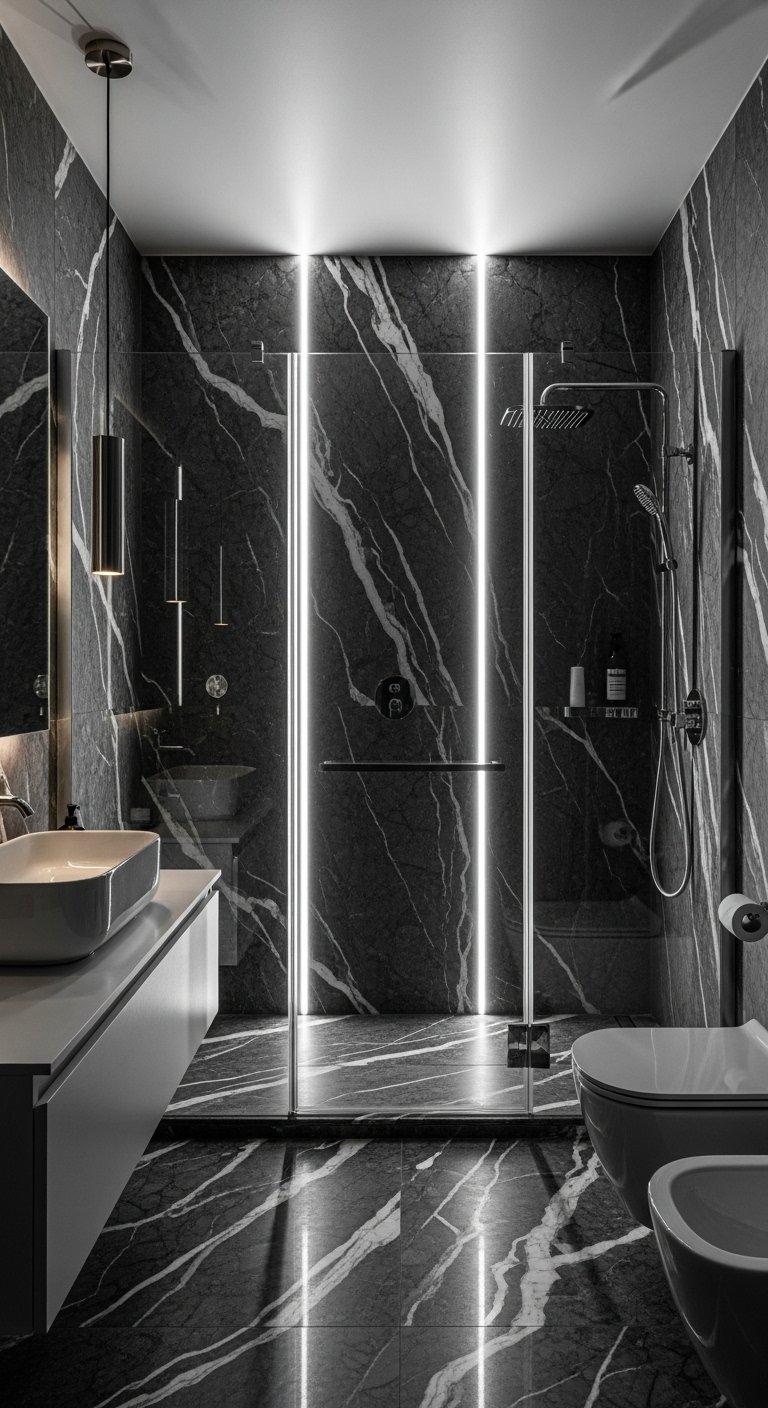 Douche à l italienne encadrée par des bandes LED verticales dans une salle de bain en marbre noir