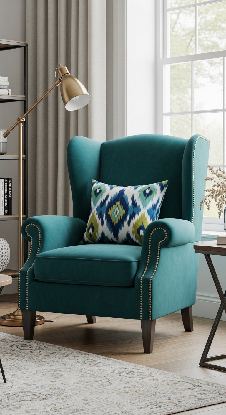 Fauteuil bergère en velours bleu vert avec une finition de clous de tapissier dorés