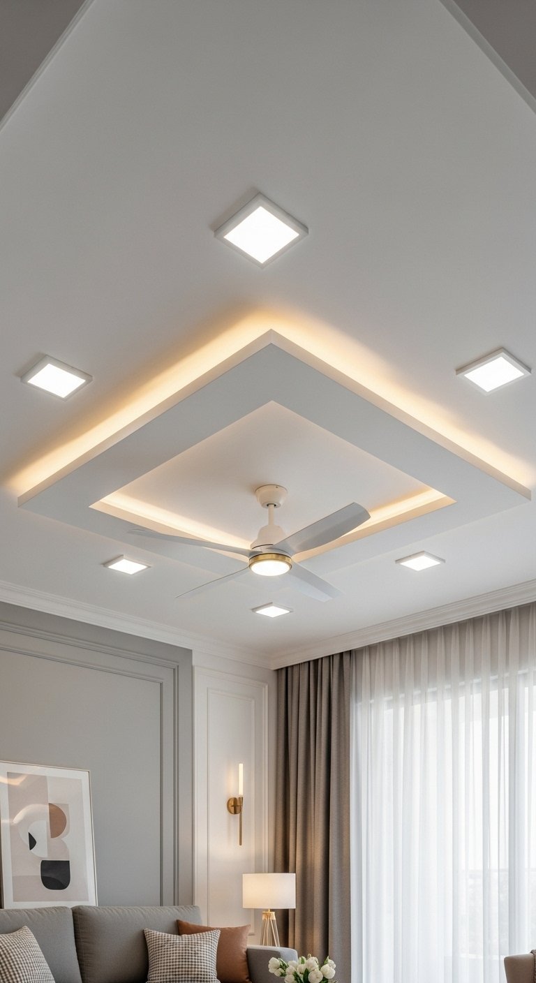 Faux plafond blanc simple avec un carré central en décroché et éclairage indirect