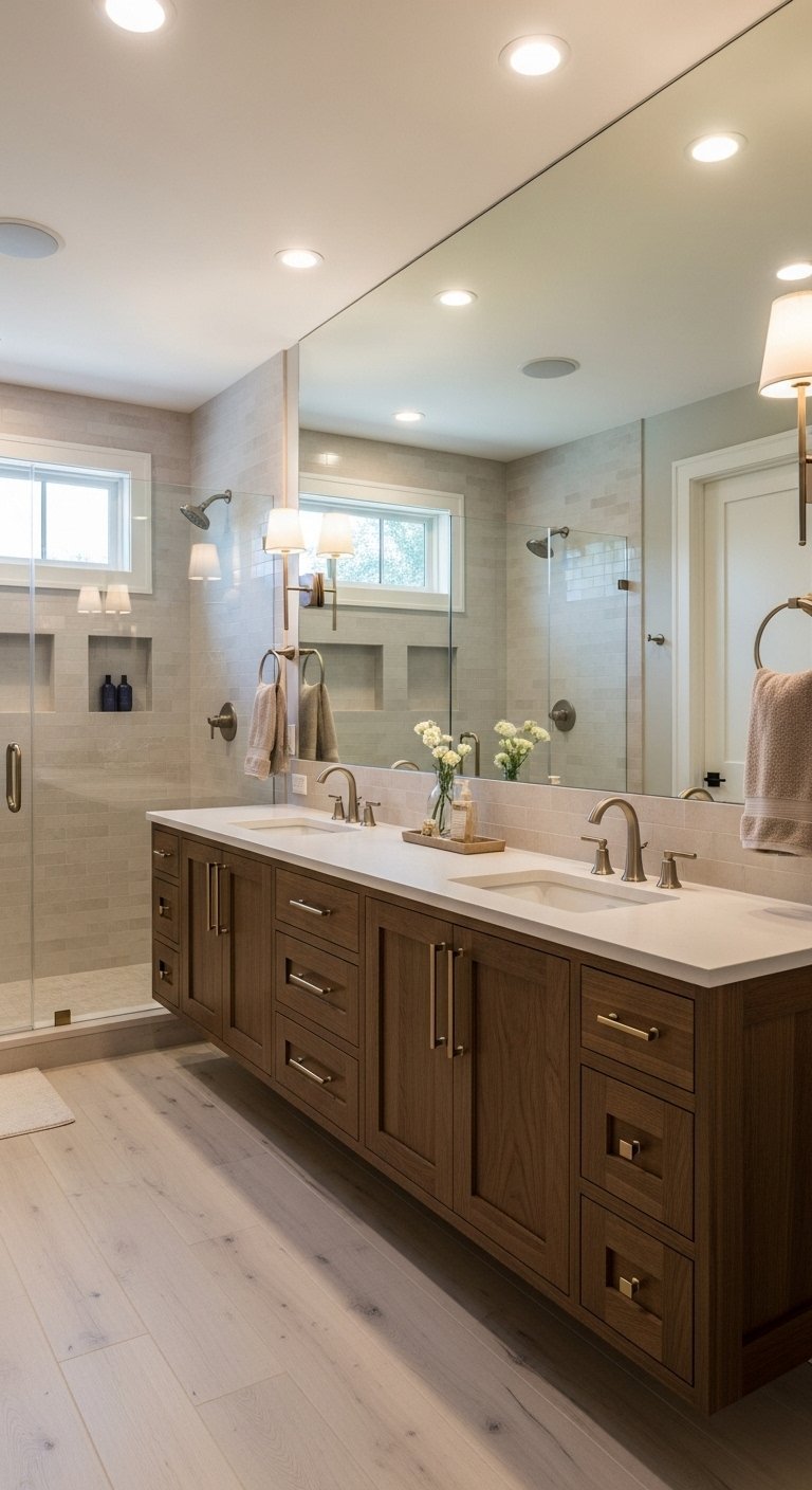 Grande salle de bain avec long meuble double vasque en bois et miroir XXL