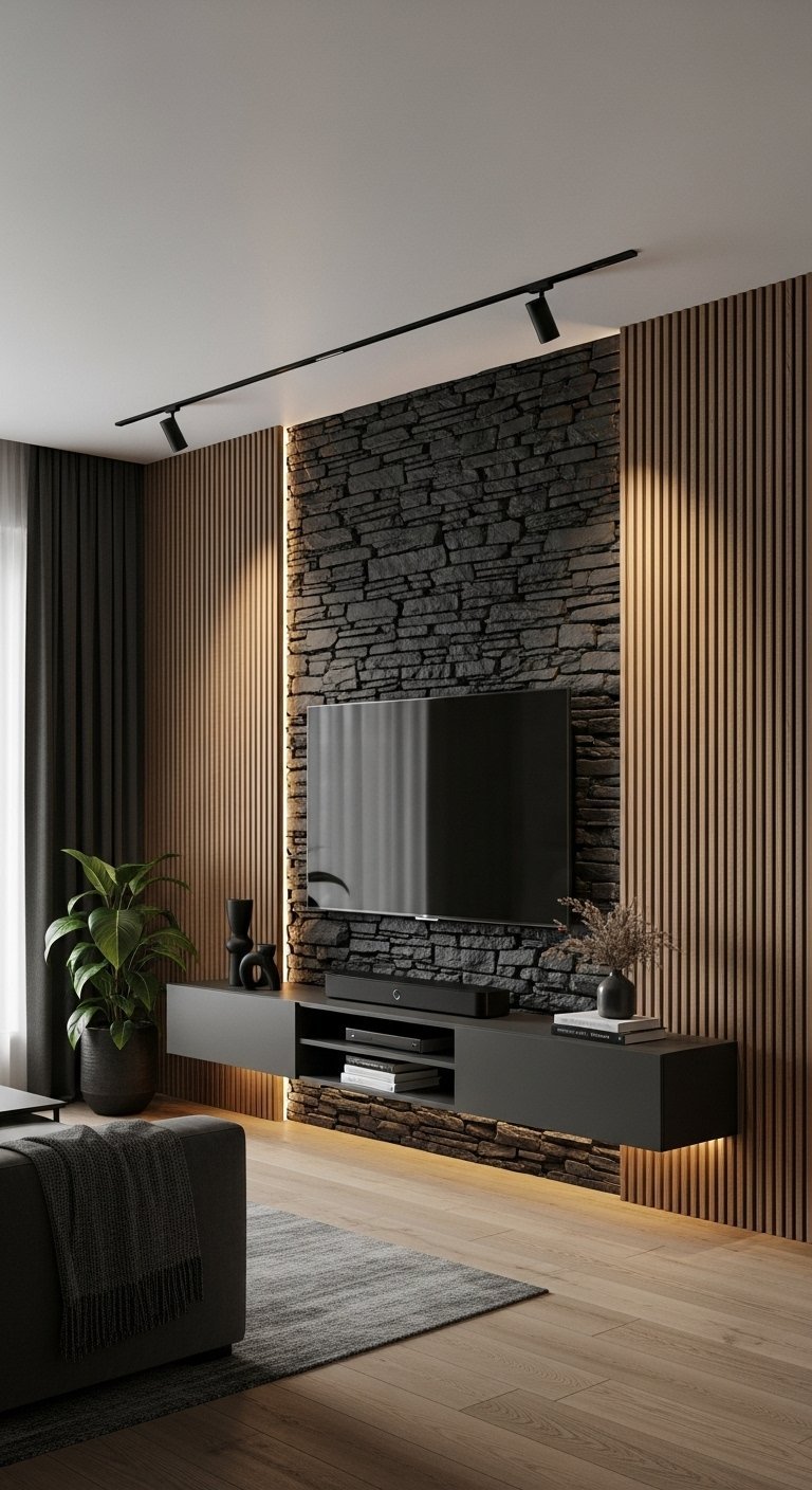 Mur TV avec mur en pierre noire et tasseaux de bois